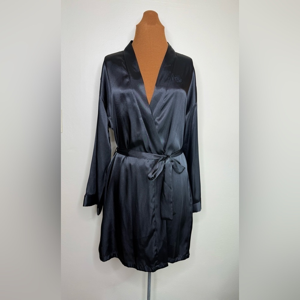 Jones New York Silky Black Robe Embroidered Logo Polyester Size Medium